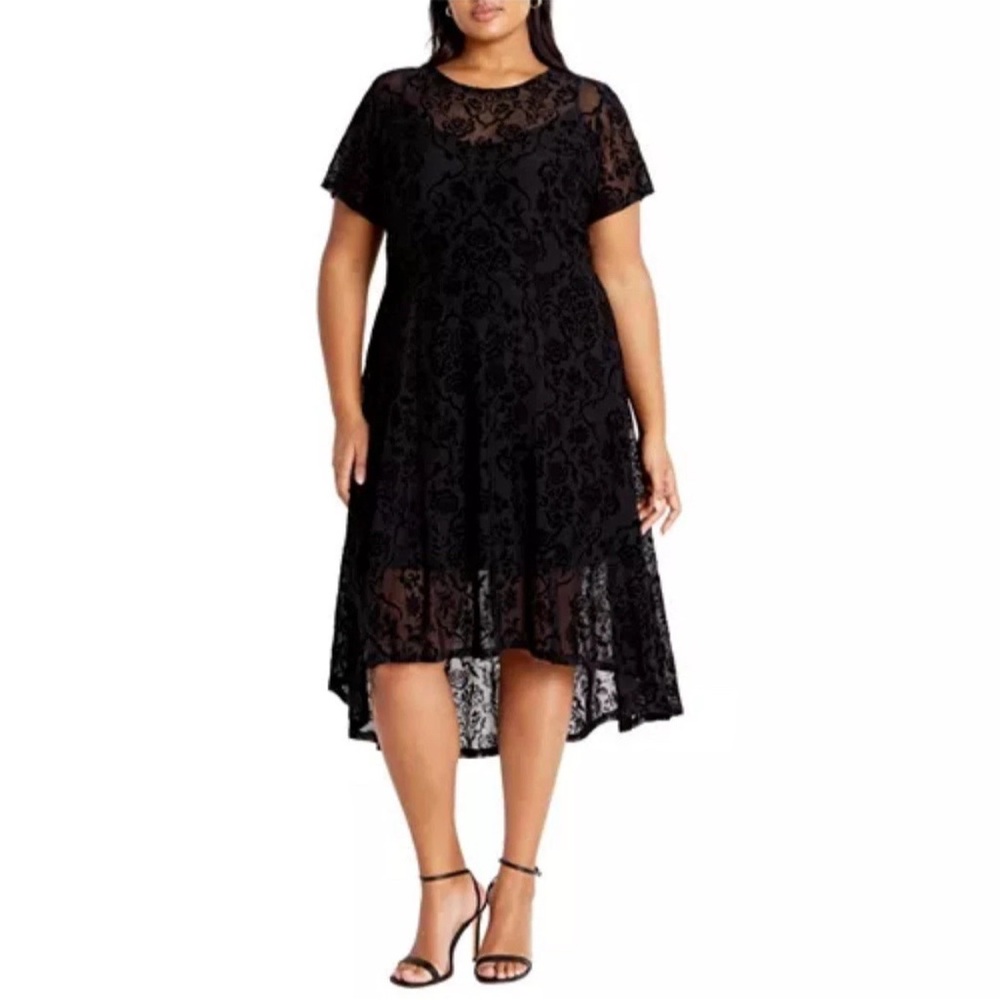 City Chic Womens Size 22 NWT Sienna‎ Mesh Dress Burnout Black Hi Low Cocktail